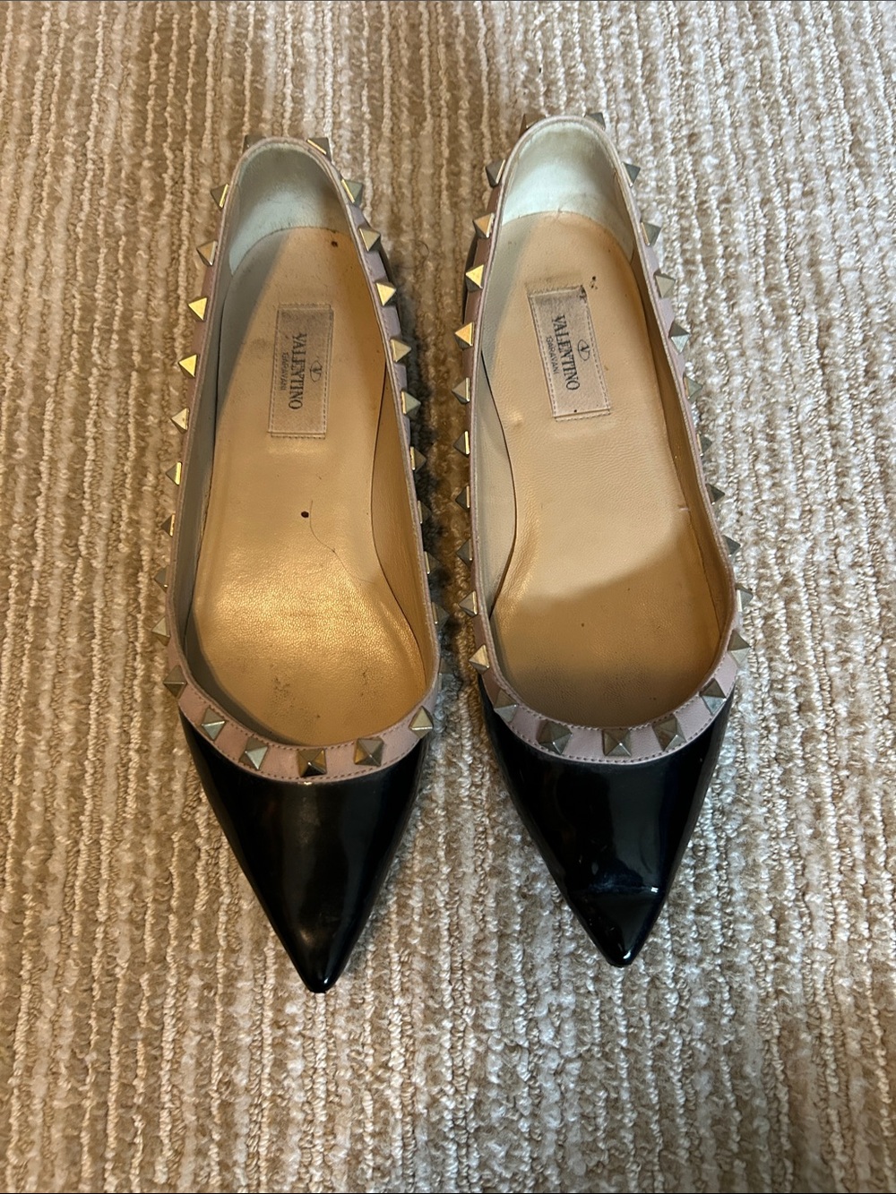 Valentino Black Patent Rockstud Pointed Toe Flats, Size 36.5